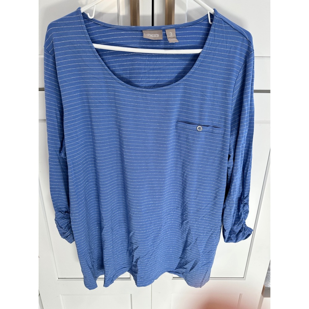 Chico's Blue Striped Knit Top 3/4 Sleeve‎ Pocket Glitter Sparkle Size 3